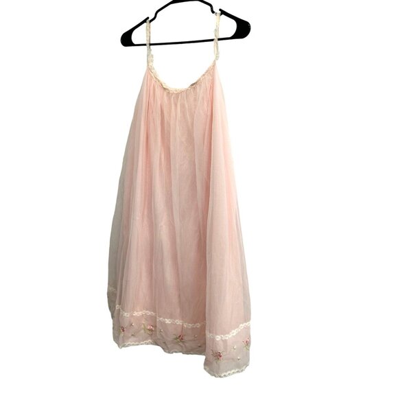 Vintage Vanity Fair Pink Nylon Tricot Slip Dress Baby Doll Floral Lace NIghtgown - Picture 3 of 8